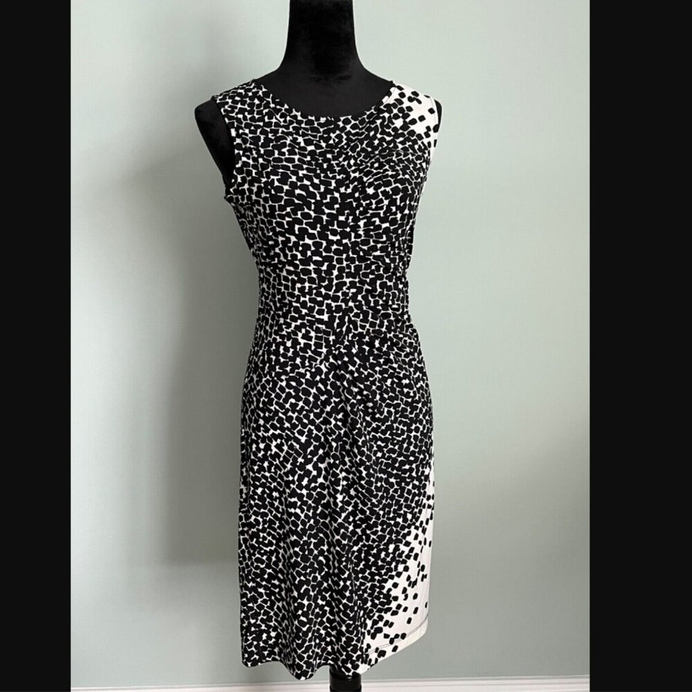 BCBGMaxAzria Black & White “Camilla” Ruched Front Sleeveless Midi Dress Size S